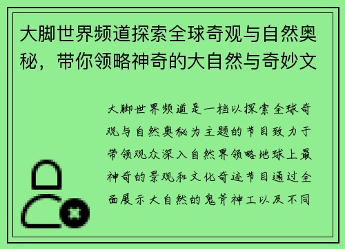 大脚世界频道探索全球奇观与自然奥秘，带你领略神奇的大自然与奇妙文化